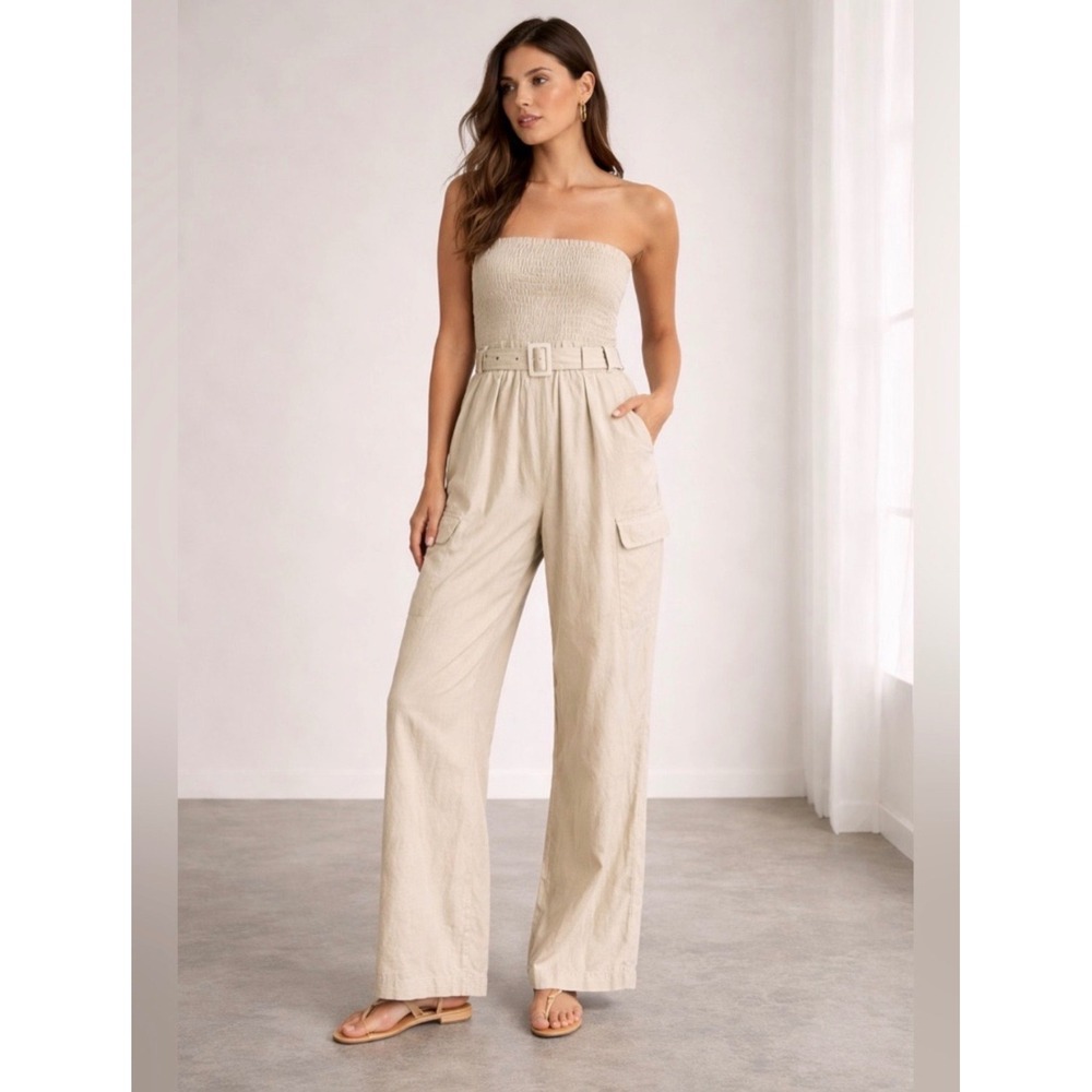 Sim & Sam Strapless Cargo Jumpsuit Wide Linen Blend Belted Utility Romper Med